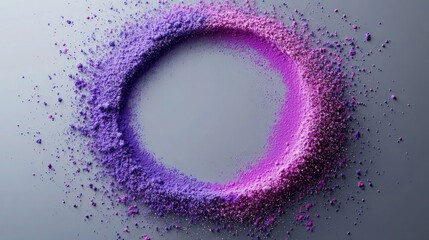 A stunning circle of purple, lavender, and pink powders on a gentle gray background. The scattered powders exude creativity and playfulness, inviting viewers into a joyful artistic experience.