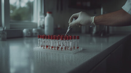 Laboratory technician preparing blood samples for analysis in a clinical setting during daylight hours
