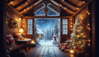 Interior of traditional wooden Thai house during Christmas snowy night. Mixture of Thai culture and Christmas