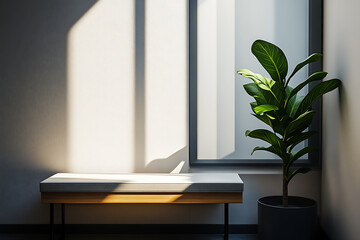 Fototapeta premium Modern Minimalist Interior Design: Sunlight Streaming Through Window, Illuminating Stylish Bench and Potted Plant