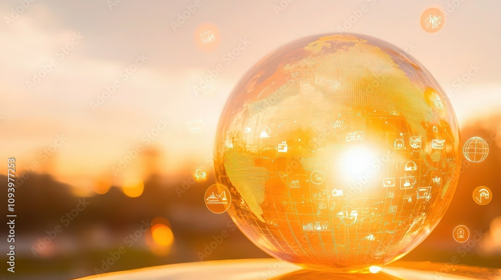 Poster a translucent globe rendered in soft orange and yellow hues, set against a blurred sunset background