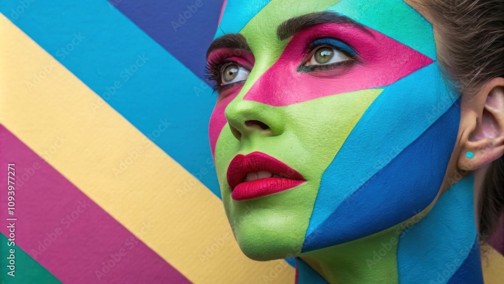 Poster an engaging abstract image showcases a face constructed from various flat colors. the forehead is so