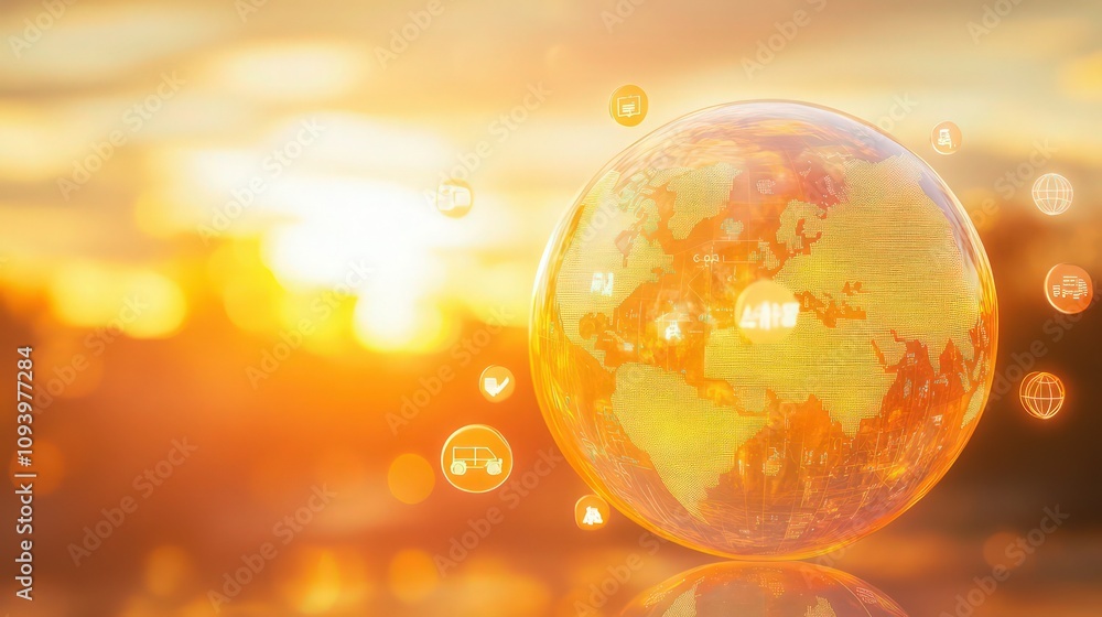 Poster a translucent globe rendered in soft orange and yellow hues, set against a blurred sunset background