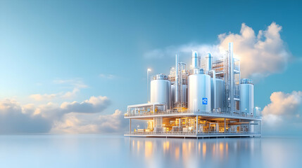 Obraz premium Industrial facility, futuristic factory, large complex, blue sky background