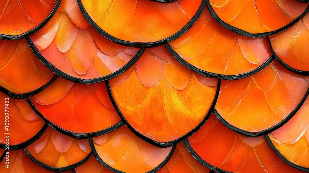 Poster a vibrant composition of orange scales, each elegantly outlined in shining black, creating a bold an
