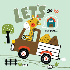 Cartoon Giraffe Driving a Pickup Truck to a Barn, Playful Farm Scene with Fun Typography
