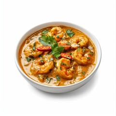 Fototapeta premium A bowl of queen prawn curry garnished with herbs and chili.