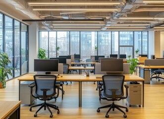 Modern office workspace with large windows, wood desks, blue chairs, and computers.