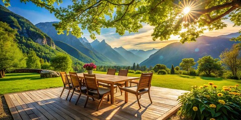 Obraz premium Scenic Landscape Meeting Place Surrounded by Majestic Mountains, Lush Greenery, and Clear Blue Skies, Ideal for Outdoor Discussions and Team Retreats in Nature's Serenity