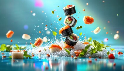 Naklejka premium Sushi Symphony: A vibrant and dynamic display of fresh sushi rolls, ingredients, and water droplets suspended in mid-air, creating a captivating culinary spectacle. 