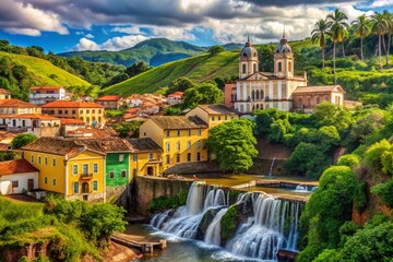 Obraz premium Scenic View of Cachoeira, Brazil, Showcasing Vibrant Colonial Architecture, Lush Green Landscapes, and Serene Waterfalls in a Picturesque Town with Ample Copy Space