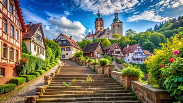 Scenic View of Old Town Amorbach Featuring Abbey Stairs - Captivating Urban Exploration Photography of Historical Architecture and Natural Surroundings