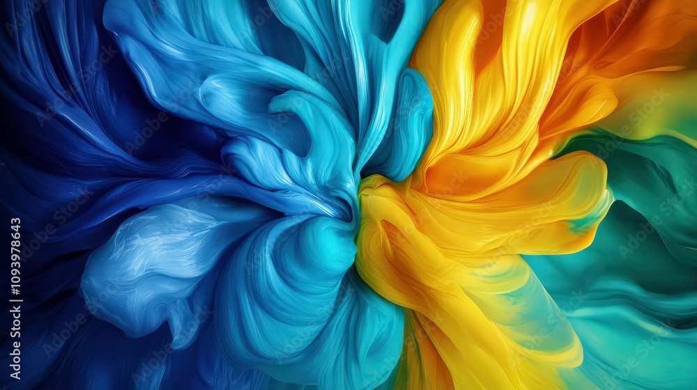 Poster an artistic display of vibrant pigments swirling together in a liquid medium. the colors transition 