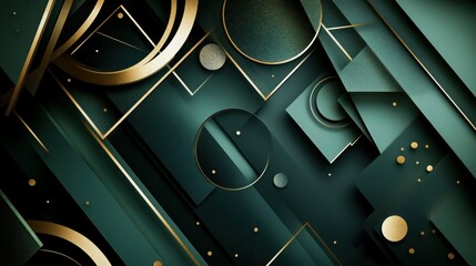 An elegant composition of dark green hues with golden accents in a modern geometric style. The design includes layered triangles and circles, conveying a sense of luxury and opulence.