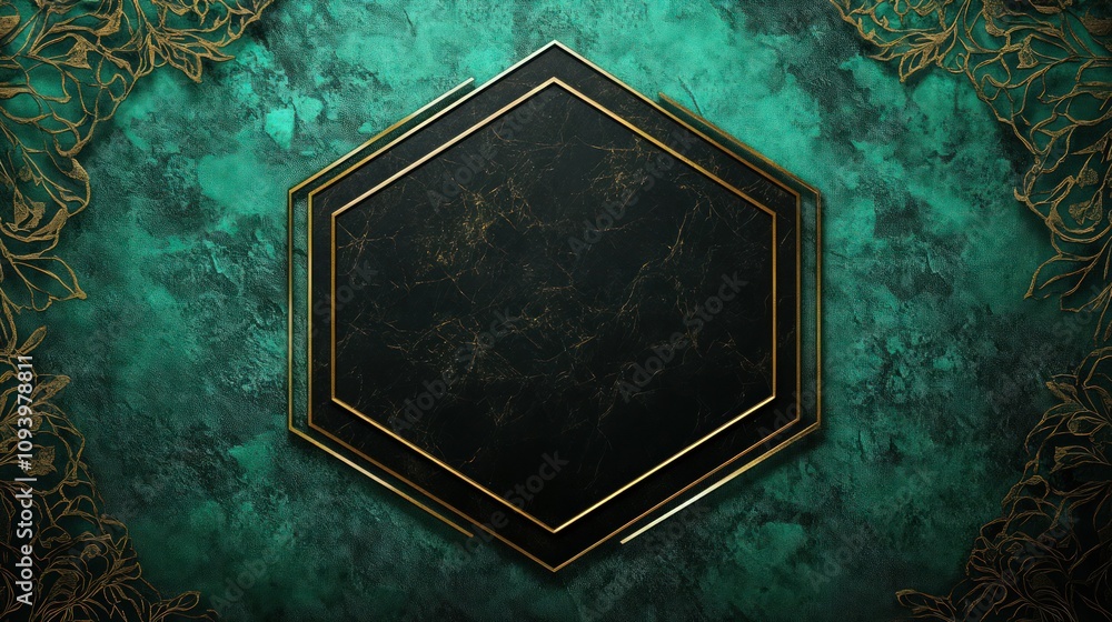 Poster an elegant design showcasing a rich emerald green background with a bold black hexagonal shape in th