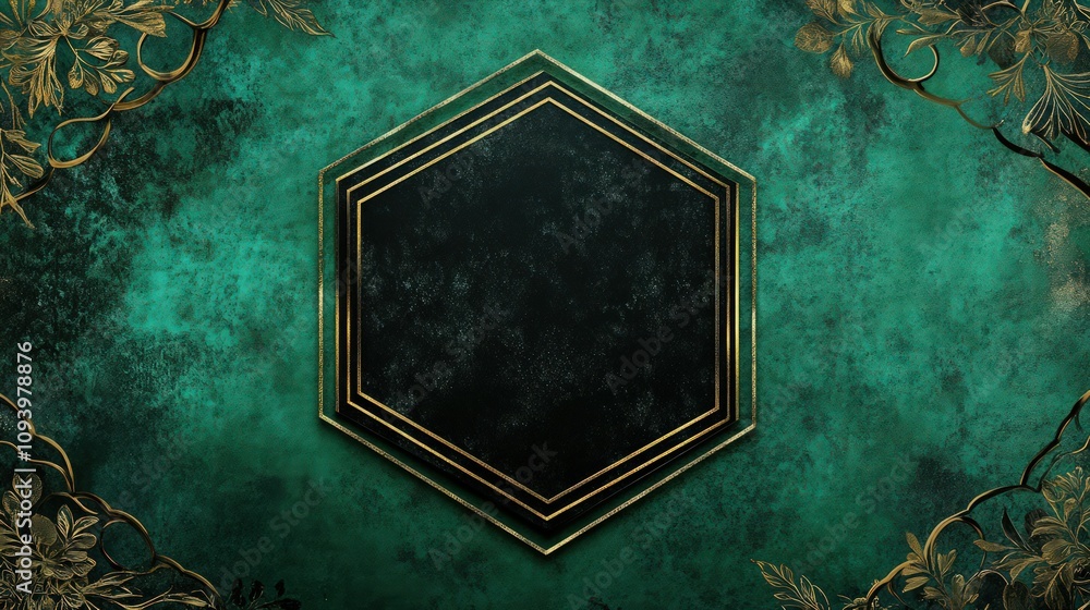 Poster an elegant design showcasing a rich emerald green background with a bold black hexagonal shape in th