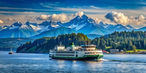 Scenic View of the Seattle Bainbridge Ferry Crossing Puget Sound with Lush Green Islands and Majestic Mountains in the Background under a Clear Blue Sky