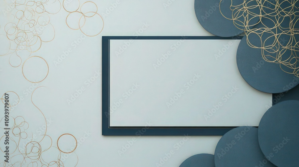 Poster an elegant layout with a pale blue background embellished with delicate gold filigree. at the center