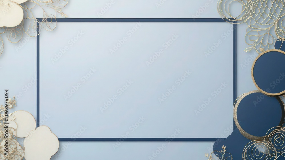 Poster An elegant layout with a pale blue background embellished with delicate gold filigree. At the center, a large square shape bordered in dark blue complements a pattern of overlapping circles.