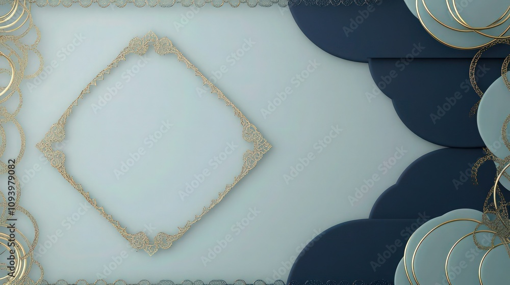 Poster an elegant layout with a pale blue background embellished with delicate gold filigree. at the center