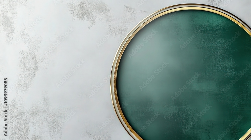Poster an elegant layout with a light gray backdrop dotted with subtle textures. a prominent circular area 