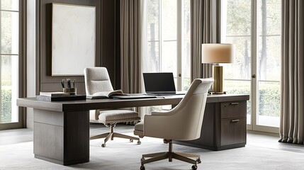 A serene home office setup with a focus on neutral tones and a clean desk surface