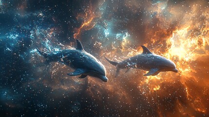 Fototapeta premium A dolphin leaping out of the nebula, against a background of space, in a fantasy style with bright colors