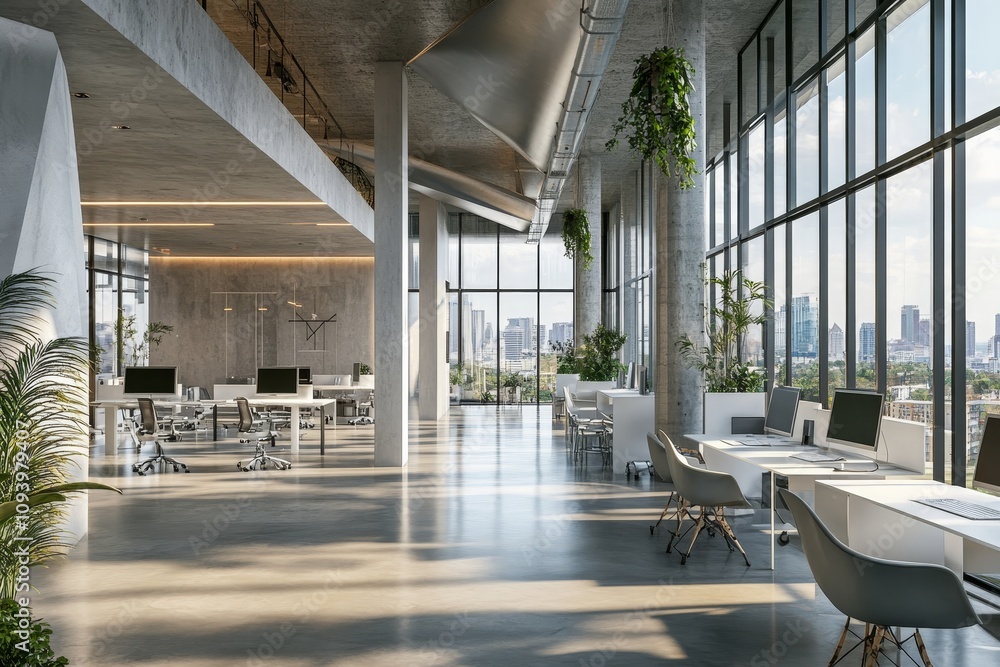 Poster a modern, minimalist office with large windows and a view of the city skyline. the space is filled w