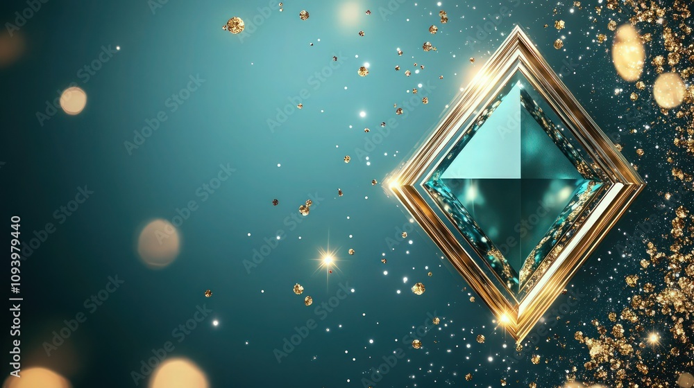 Poster an elegant teal background with a striking diamond shape framed in bright gold. scattered golden spa