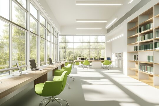 Modern library interior with large windows, wooden desks, green chairs, and bookshelves.
