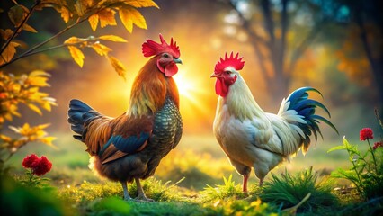 Fototapeta premium Serene Agricultural Scene with Rooster and Chicken Amidst Lush Vegetation Showcasing Their Vibrant Feathers and Combs in Beautiful Low Light Photography on a Farm