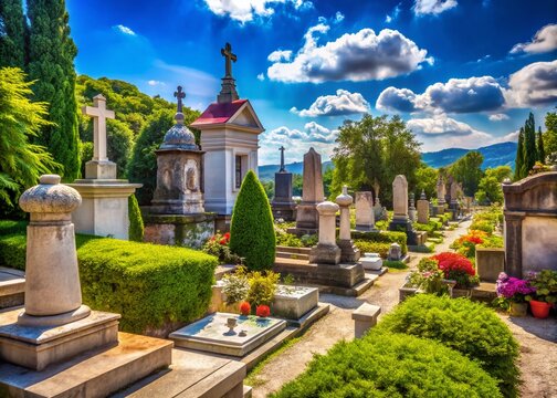 Serene and Historical Kovaci Cemetery Landscape with Intricately Designed Tombstones Surrounded by Lush Greenery and Blue Skies, Capturing the Essence of Remembrance and Peace
