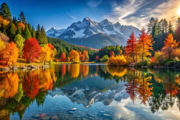 Obraz premium Serene Autumn Landscape of a Lake Surrounded by Forest with Snow-Capped Mountain Peaks Reflecting in the Water, Perfect for Nature Lovers and Travel Enthusiasts