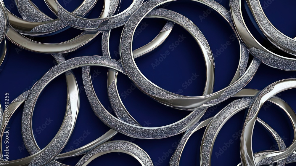 Poster an intricate design composed of intertwining circular shapes outlined in shimmering silver, set agai