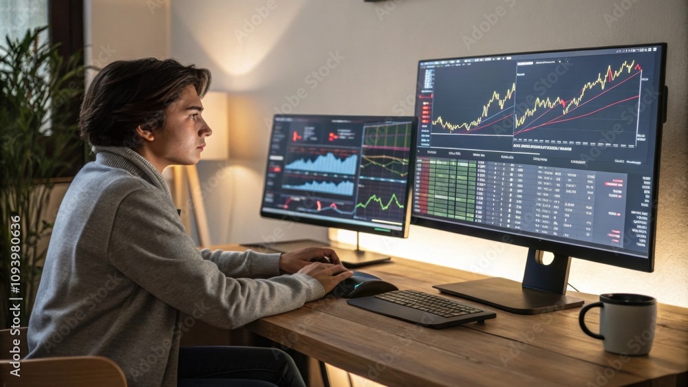 Poster a focused individual comparing investment options using a dualmonitor setup featuring stock market a