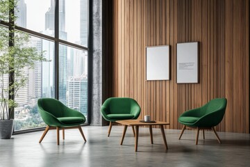 Modern living room with green chairs, wooden wall, coffee table, and city view.