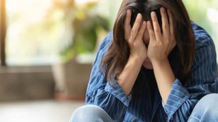 Person sitting in a dimly lit room, holding head with both hands, looking distressed. Symbolizing stress and mental strain due to a nerve disorder.	