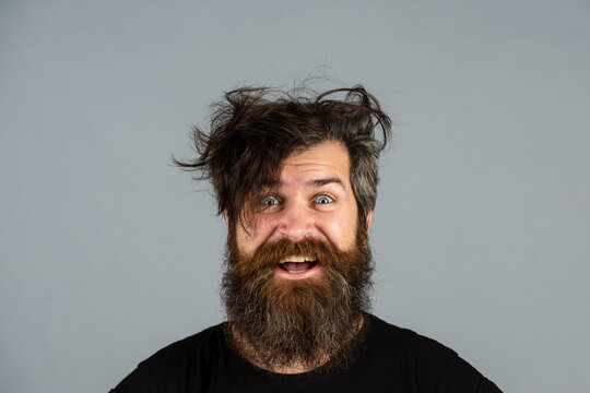 Good morning. Funny crazy Man awake in morning. Portrait of man with messy hair. Morning wellness. Morning routine for guy.