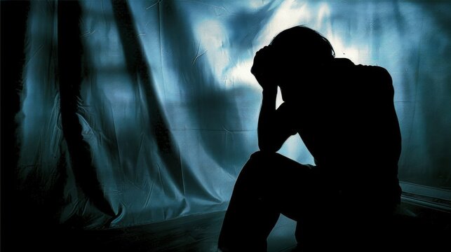 Person sitting in a dimly lit room, holding head with both hands, looking distressed. Symbolizing stress and mental strain due to a nerve disorder.	
