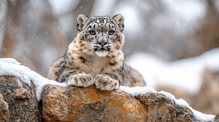 Majestic Snow Leopard on Snowy Rock in Winter Wonderland