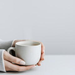 A person holds a minimalist coffee cup, showcasing a calm and cozy atmosphere with soft colors and simple design.