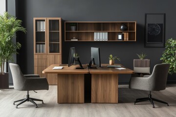 Modern office interior with two desks, chairs, and plants.