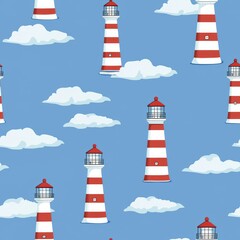 Seamless pattern of lighthouses with red and white stripes against a blue sky