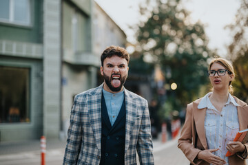 A man and woman in business attire walk happily outdoors, with one making a funny face. Capturing the fun side of professional life in a city setting.