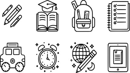 A simple and modern education-themed icon set featuring 8 designs, including pencils, notebooks, backpacks, globes, and more. Perfect for websites, presentations, social media, and print materials. 