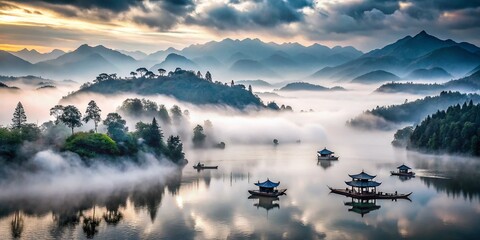 Naklejka premium Serene Chinese Landscape in Ink Style: Misty Mountains, Tranquil Lake, Small Boats, Distant Pines, and Floating Clouds Captured from Above with Drone Photography