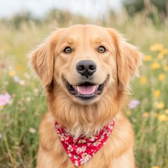 Obraz premium Golden retriever dog with a red bandana sitting in a field of flowers with copy space.