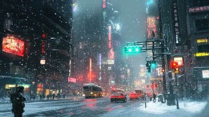 A bustling urban street covered in a blanket of snow, with traffic lights