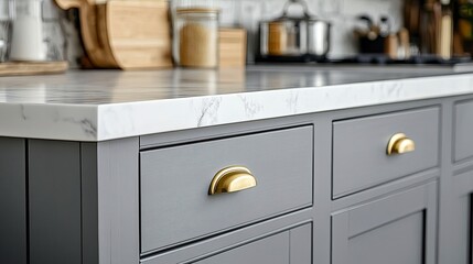 Front view of elegant interior with gray drawers under kitchen cabinet. empty wooden table and marble countertop in room. modern equipment for cooking.