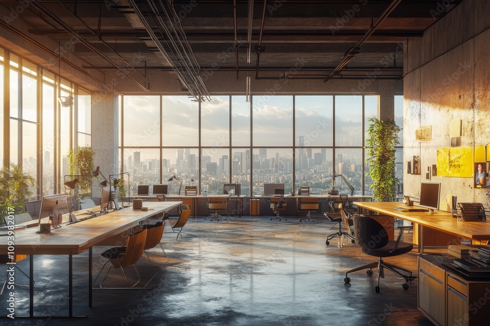 Poster modern, spacious office with large windows overlooking a city skyline. sunlight streams through the 